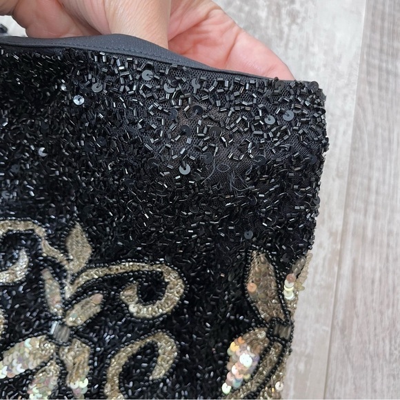 SHERRI HILL Black Two Piece Beaded Halter Top Floral Fringe Skirt Size 12 51476 - Picture 7 of 16